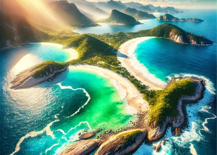 Imagem de uma paisagem costeira deslumbrante das melhores praias do Rio de Janeiro, com águas cristalinas, areias brancas, vegetação exuberante e formações rochosas. Representa praias como Lopes Mendes, Praia do Farol e Búzios.