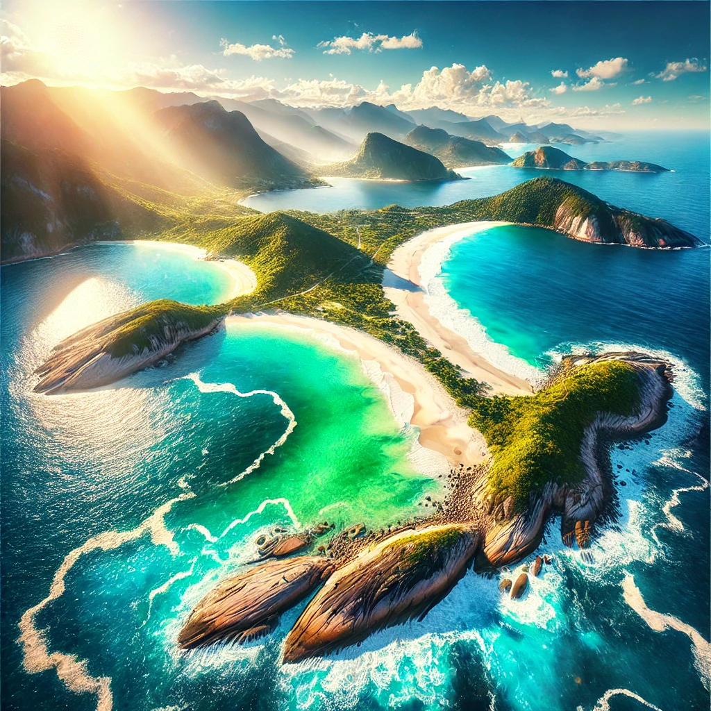 Imagem de uma paisagem costeira deslumbrante das melhores praias do Rio de Janeiro, com águas cristalinas, areias brancas, vegetação exuberante e formações rochosas. Representa praias como Lopes Mendes, Praia do Farol e Búzios.