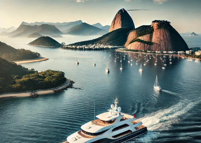 Iate de luxo navegando próximo ao Pão de Açúcar no Rio de Janeiro, com céu azul e águas calmas.