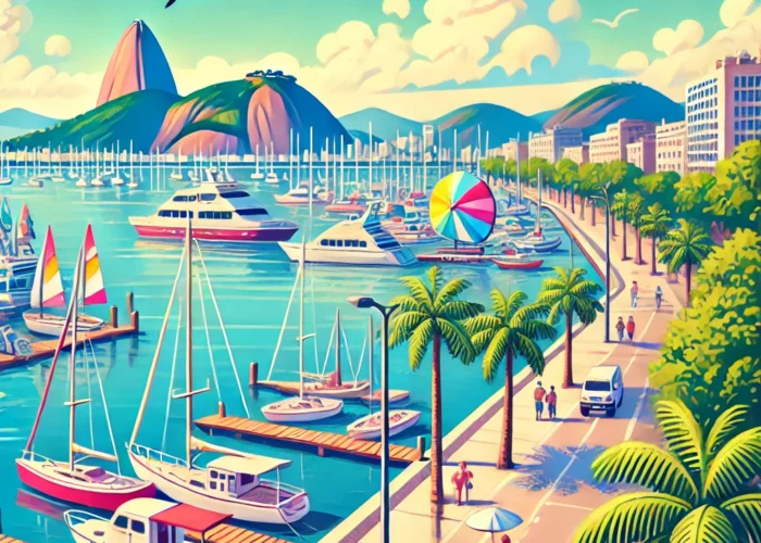 Desenho colorido da Marina da Glória no Rio de Janeiro, com iates ancorados na Baía de Guanabara e o Pão de Açúcar ao fundo, em um dia ensolarado.