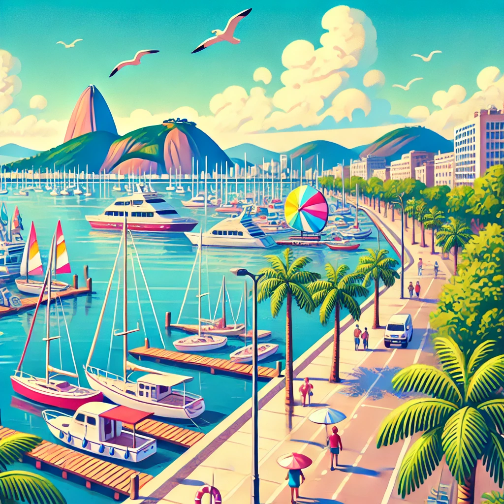 Desenho colorido da Marina da Glória no Rio de Janeiro, com iates ancorados na Baía de Guanabara e o Pão de Açúcar ao fundo, em um dia ensolarado.