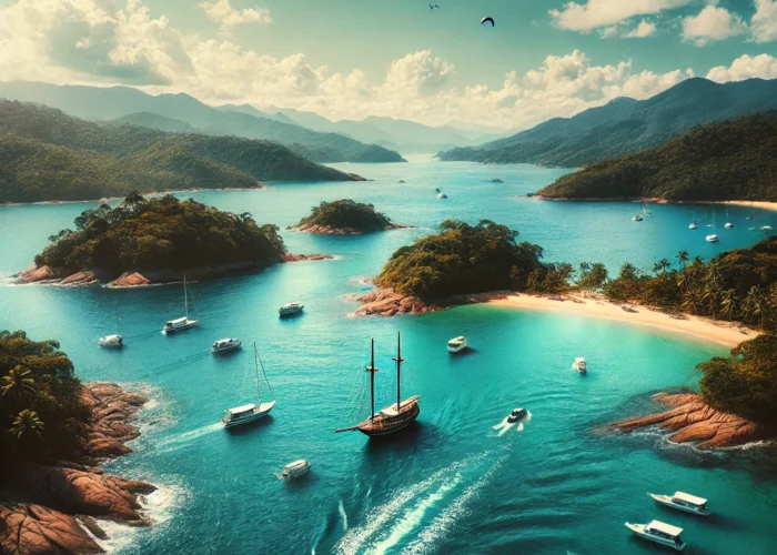 Vista costeira de Paraty, Brasil, com um veleiro e uma lancha navegando em águas cristalinas, rodeadas por ilhas e colinas verdes.