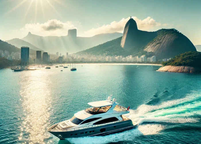 Imagem de um barco de luxo navegando nas águas claras da Baía de Guanabara, com o Pão de Açúcar em destaque visível à distância em um dia ensolarado, transmitindo tranquilidade e lazer.