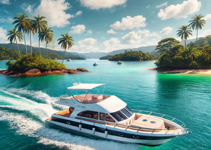 Lancha de luxo navegando pelas águas cristalinas de Angra dos Reis, com ilhas verdes ao fundo e céu ensolarado, destacando a experiência premium de um passeio de lancha.