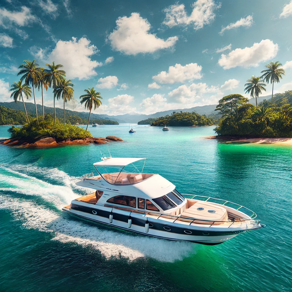 Lancha de luxo navegando pelas águas cristalinas de Angra dos Reis, com ilhas verdes ao fundo e céu ensolarado, destacando a experiência premium de um passeio de lancha.