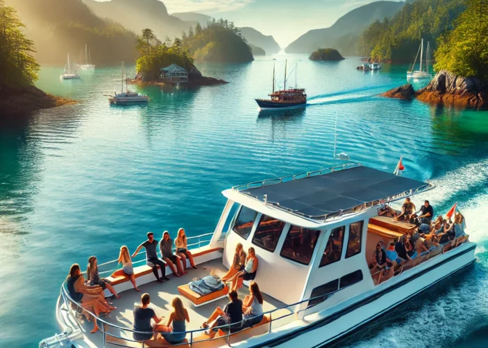 Passeio de barco em águas claras com pessoas relaxando e apreciando a paisagem costeira e ilhas verdes ao fundo.