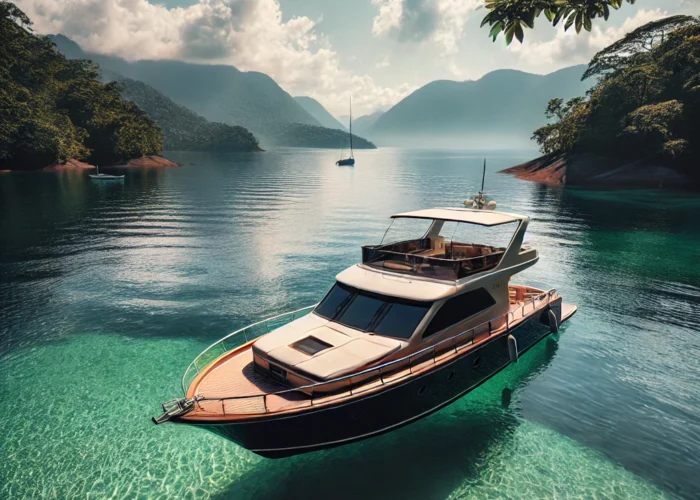 Vista de um passeio de barco privativo nas águas cristalinas de Ilha Grande, com montanhas verdes ao fundo, representando uma fuga tranquila da agitação da cidade.