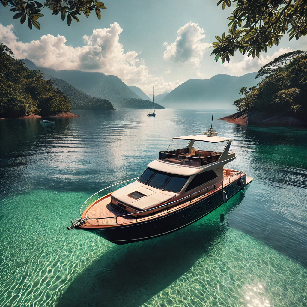 Vista de um passeio de barco privativo nas águas cristalinas de Ilha Grande, com montanhas verdes ao fundo, representando uma fuga tranquila da agitação da cidade.