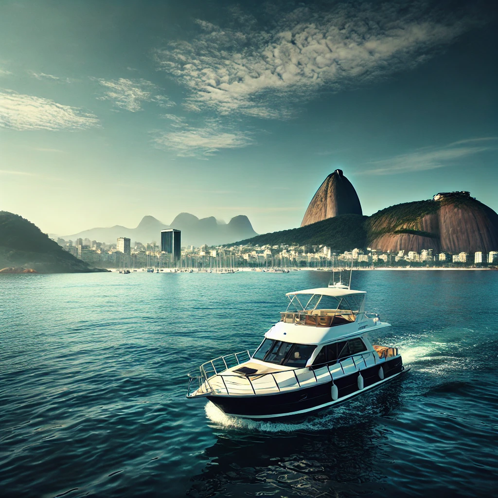 Passeio de barco tranquilo nas águas do Rio de Janeiro, próximo à Urca e Praia Vermelha, com o Pão de Açúcar ao fundo e o mar calmo.