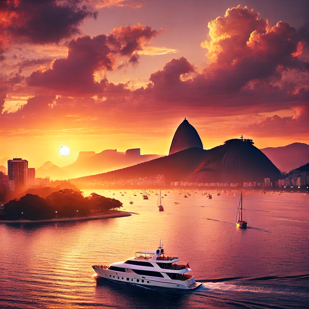 Imagem de um barco de luxo navegando suavemente nas águas tranquilas da Baía de Guanabara ao pôr do sol, com o Pão de Açúcar ao fundo e o céu tingido de laranja, rosa e roxo.