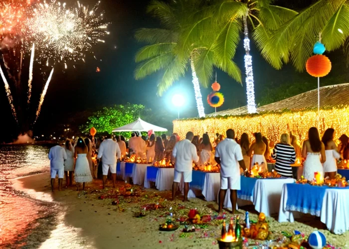 Celebrando o Réveillon 2025 em uma praia tropical no Brasil, com fogos de artifício, decoração festiva e pessoas vestidas de branco para a virada do ano.