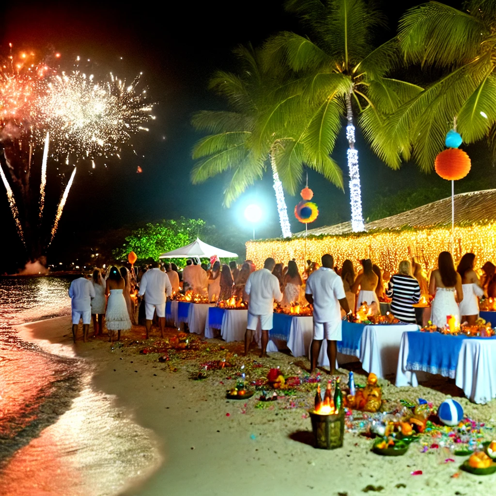 Celebrando o Réveillon 2025 em uma praia tropical no Brasil, com fogos de artifício, decoração festiva e pessoas vestidas de branco para a virada do ano.