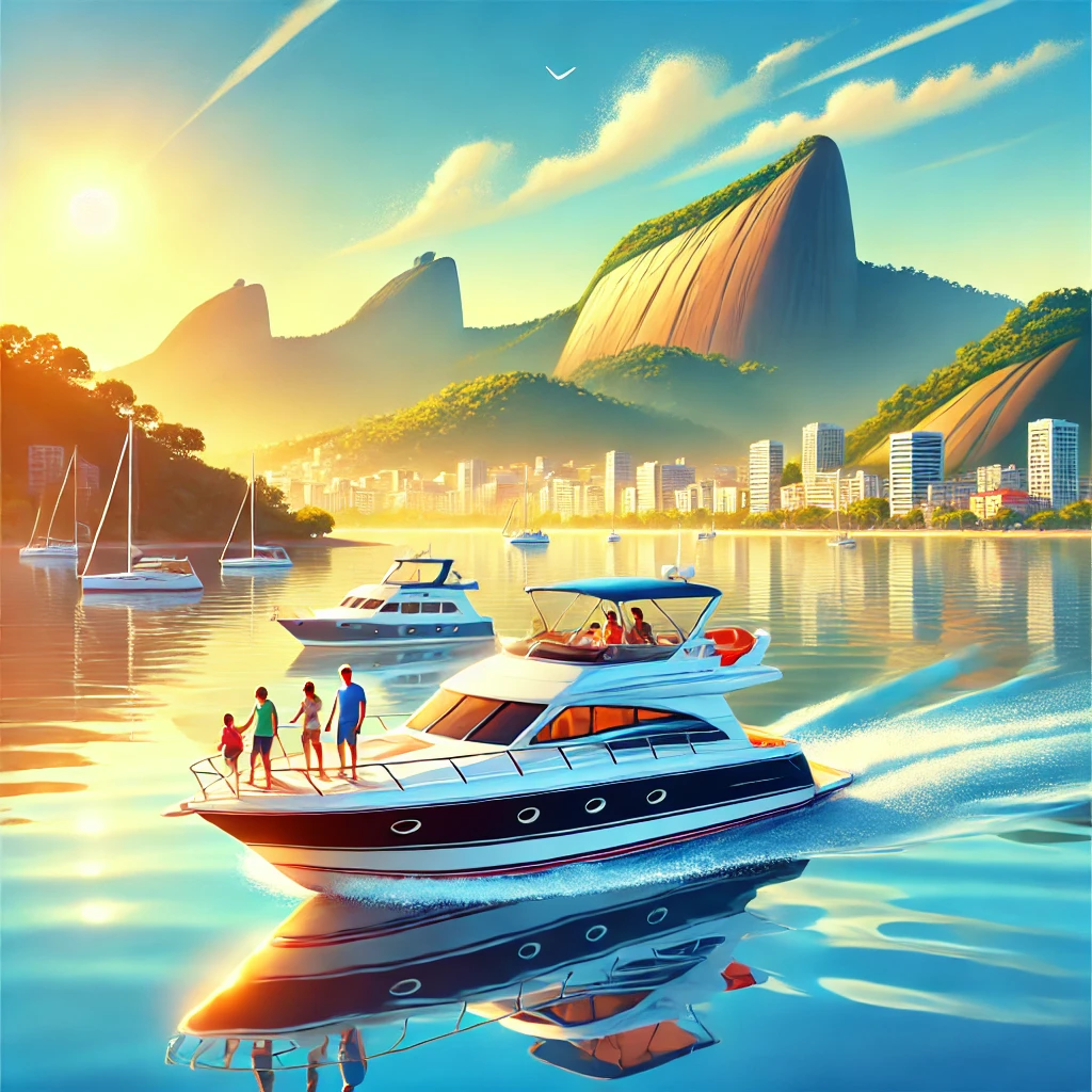 Família aproveitando um passeio de barco em Niterói com vista para o Pão de Açúcar e águas calmas.