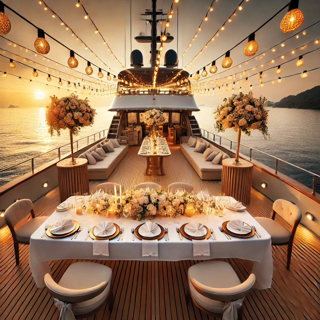 Iate de luxo decorado para evento, com mesa de jantar elegante, luzes e arranjos florais, durante o pôr do sol sobre o oceano.