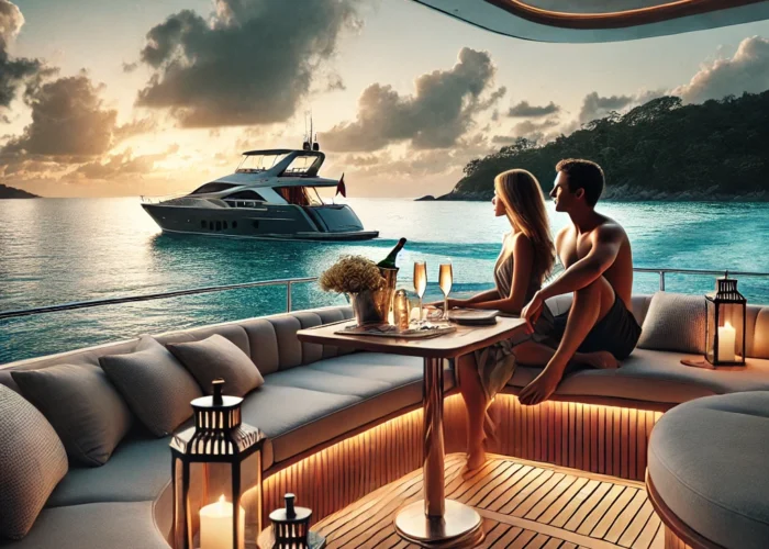 Casal relaxando no convés de um iate de luxo ao pôr do sol, cercado por águas cristalinas e ilhas tropicais em Ilha Grande.