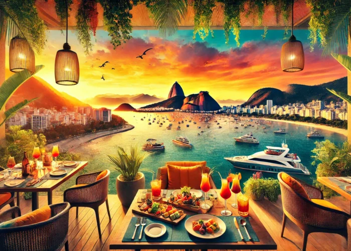 Vista costeira do Rio de Janeiro ao pôr do sol com barcos e mesa de restaurante com frutos do mar, ideal para refeição pós-passeio de barco.