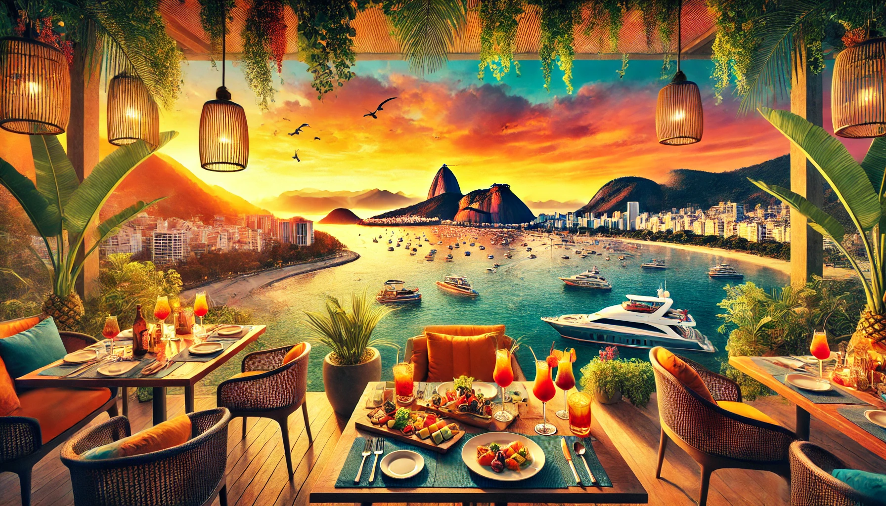 Vista costeira do Rio de Janeiro ao pôr do sol com barcos e mesa de restaurante com frutos do mar, ideal para refeição pós-passeio de barco.