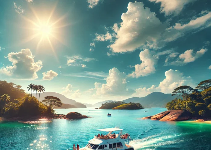 Imagem de um iate navegando pelas águas cristalinas de Angra dos Reis, cercado por ilhas tropicais com vegetação exuberante e céu azul claro.