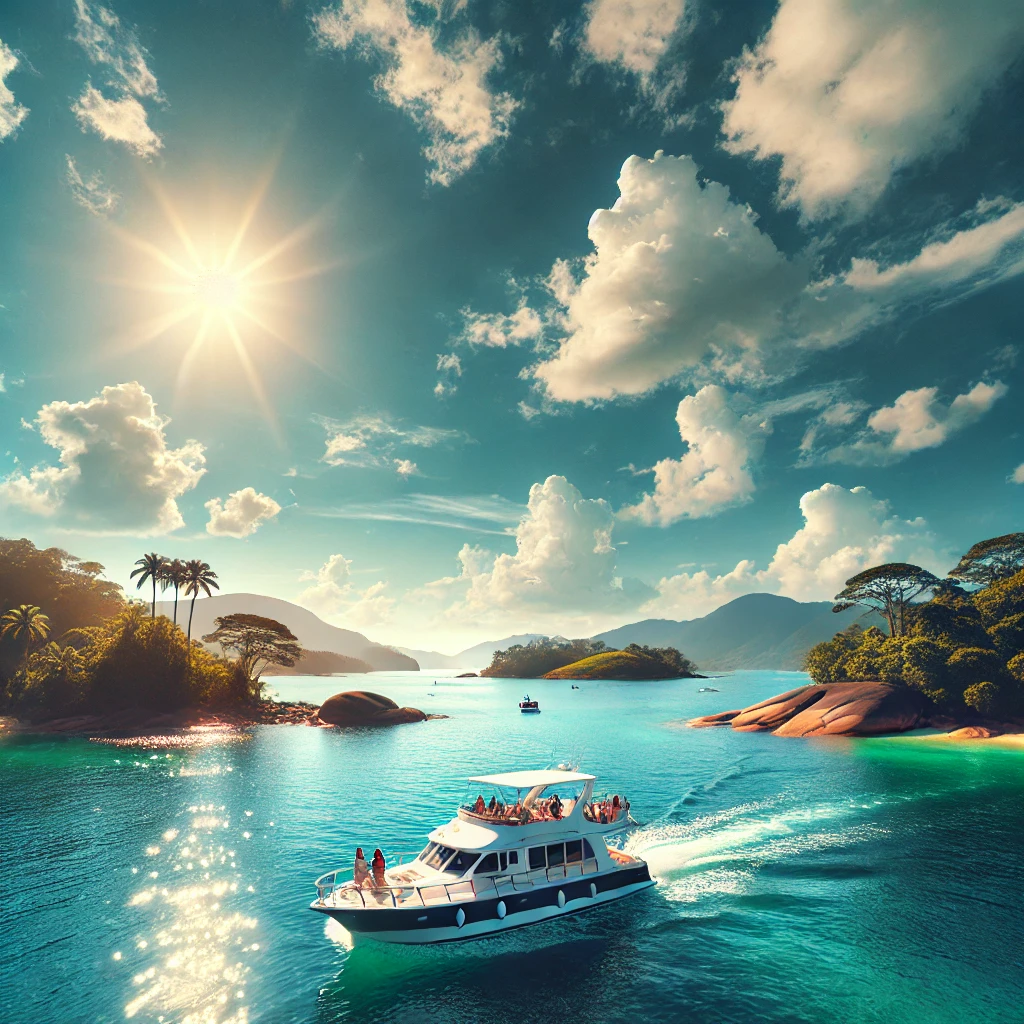 Imagem de um iate navegando pelas águas cristalinas de Angra dos Reis, cercado por ilhas tropicais com vegetação exuberante e céu azul claro.