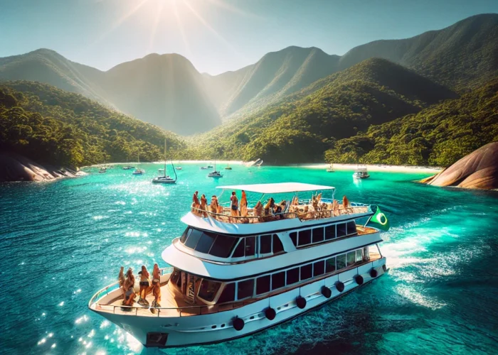 Um luxuoso barco navegando pelas águas cristalinas de Ilha Grande, cercado por montanhas verdes sob um céu ensolarado, com turistas aproveitando o passeio.