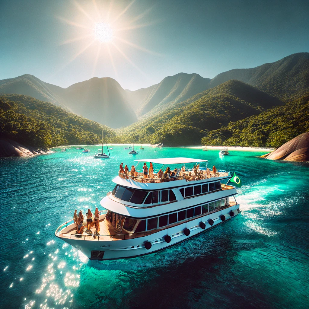 Um luxuoso barco navegando pelas águas cristalinas de Ilha Grande, cercado por montanhas verdes sob um céu ensolarado, com turistas aproveitando o passeio.