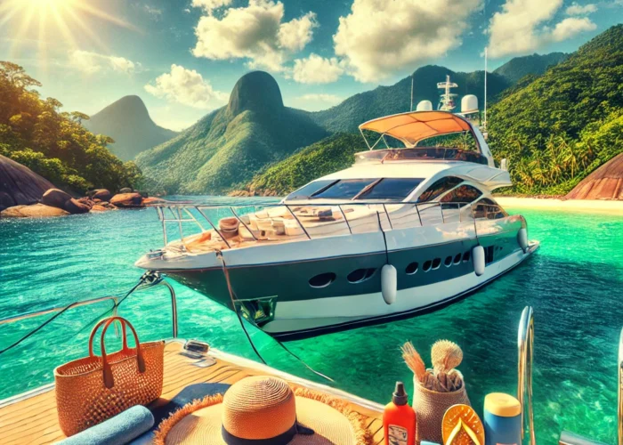 Iate ancorado em Ilha Grande com itens essenciais como chapéu, protetor solar, óculos escuros e uma bolsa de praia no deck, rodeado por águas cristalinas e montanhas verdes ao fundo.