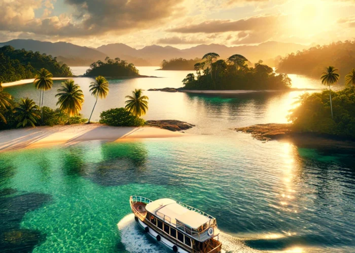 Passeio de barco no Brasil com iate navegando em águas cristalinas próximo a ilhas tropicais ao pôr do sol.