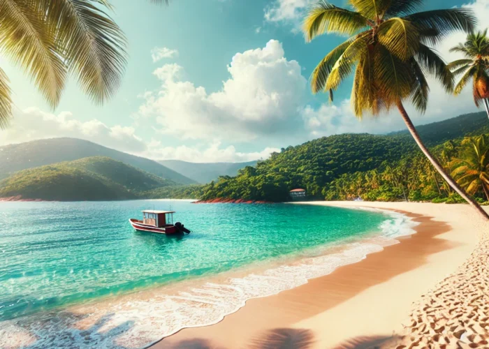 Cena tropical de praia em Ilha Grande, com areia branca, águas cristalinas e um barco ancorado próximo à costa, cercada por colinas verdes e coqueiros.