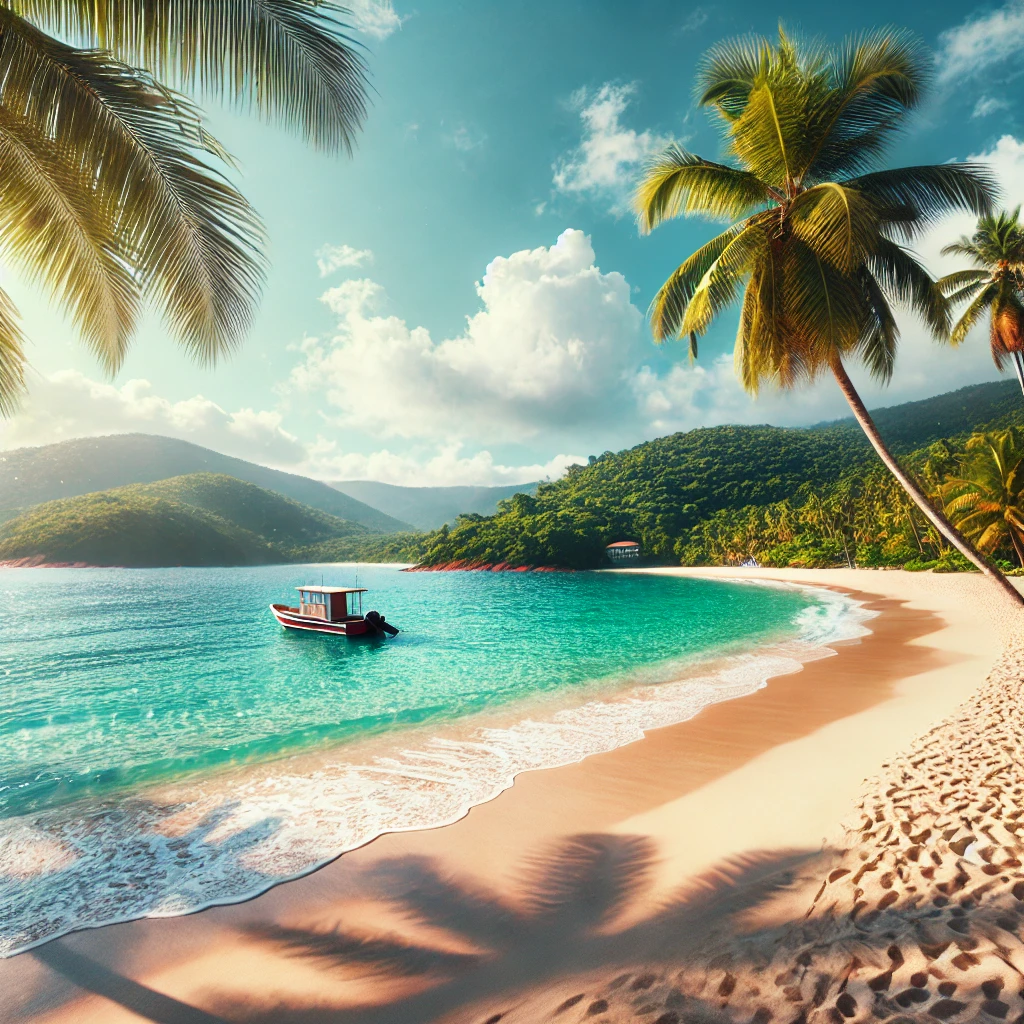 Cena tropical de praia em Ilha Grande, com areia branca, águas cristalinas e um barco ancorado próximo à costa, cercada por colinas verdes e coqueiros.