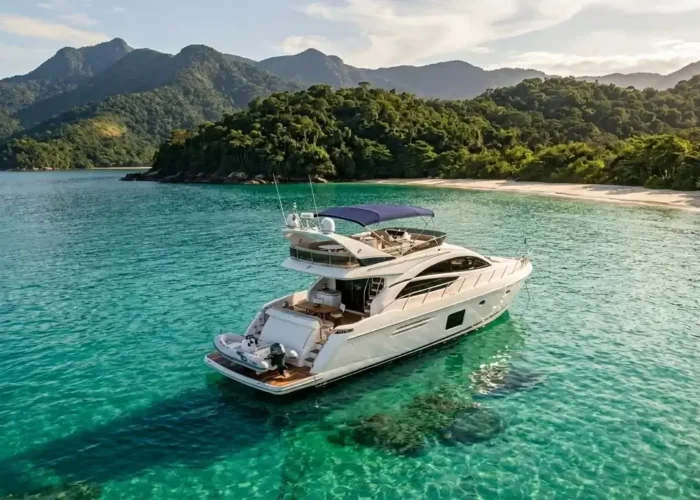 Vista aérea de iate de luxo branco ancorado em águas cristalinas verde- turquesa de Ilha Grande, com Mata Atlântica e praia de areia branca ao fundo durante roteiro de 1 dia