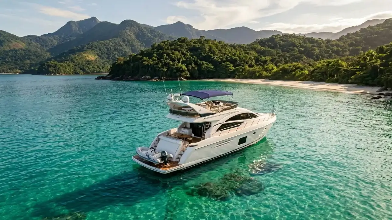 Vista aérea de iate de luxo branco ancorado em águas cristalinas verde- turquesa de Ilha Grande, com Mata Atlântica e praia de areia branca ao fundo durante roteiro de 1 dia