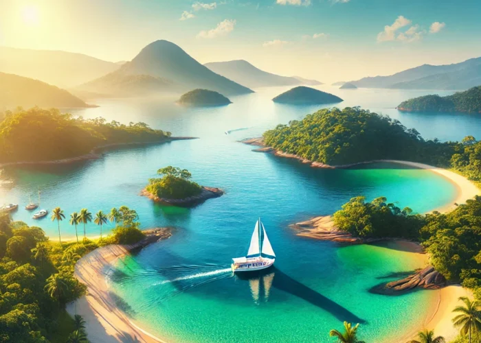 Cena costeira no Brasil com águas claras, ilhas tropicais e um barco navegando, destacando destinos populares para passeios de barco como Angra dos Reis e Paraty.