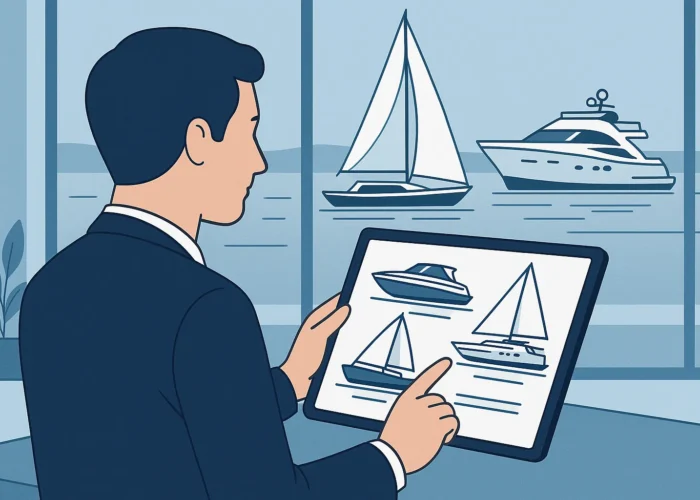 Ilustração corporativa de homem analisando opções de barco em tablet, com lancha, veleiro e iate ao fundo