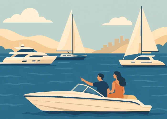 Ilustração mostrando diferentes tipos de barco para passeio, como lancha, iate, veleiro e catamarã, com foco em como escolher o barco ideal para passeio.