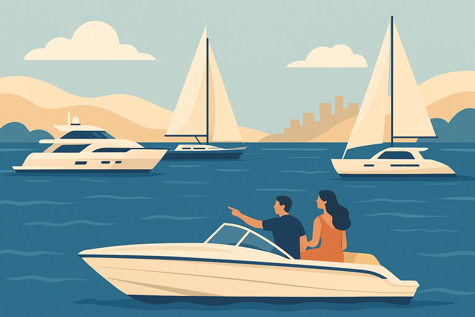 Ilustração mostrando diferentes tipos de barco para passeio, como lancha, iate, veleiro e catamarã, com foco em como escolher o barco ideal para passeio.