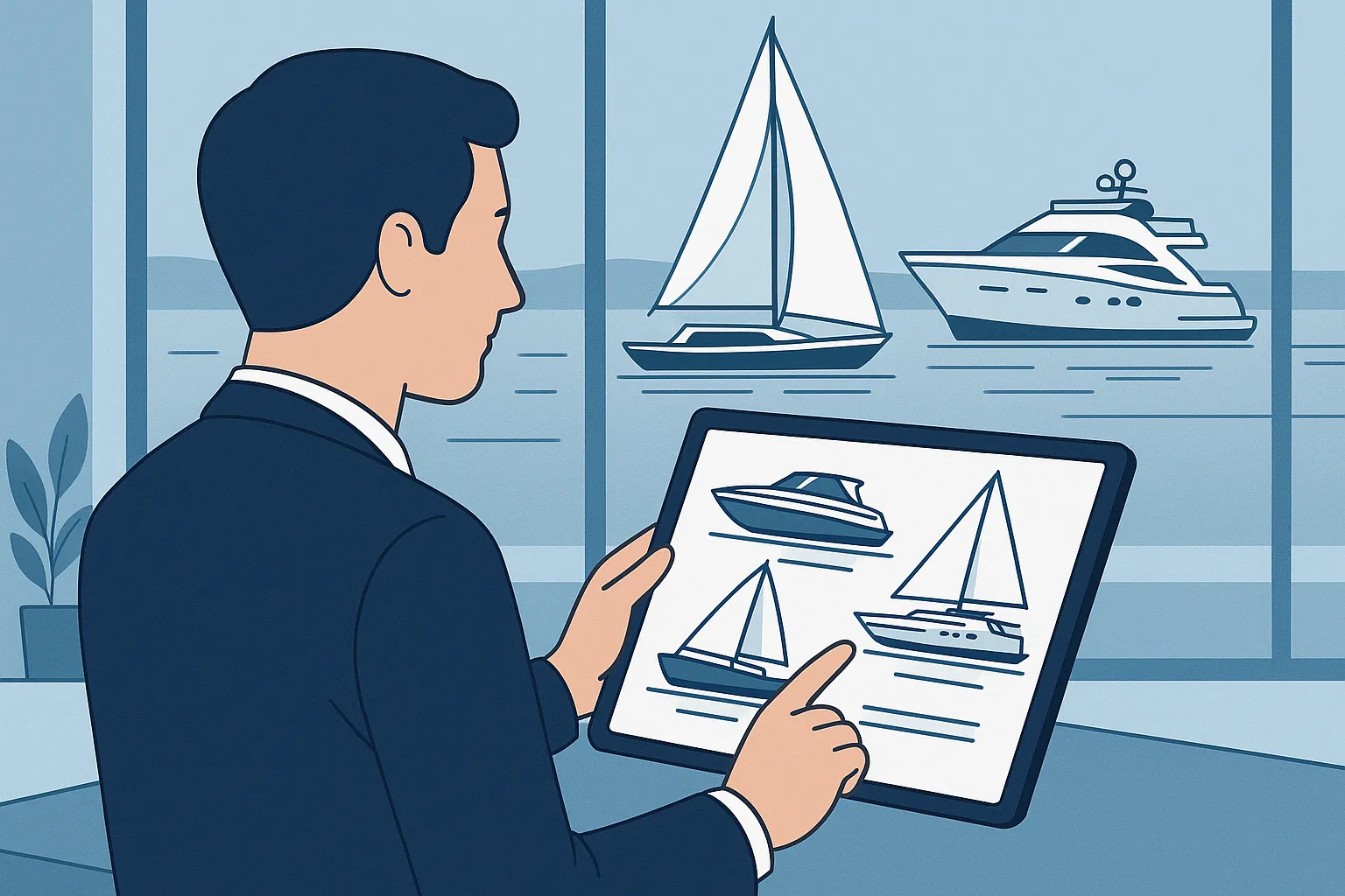Ilustração corporativa de homem analisando opções de barco em tablet, com lancha, veleiro e iate ao fundo