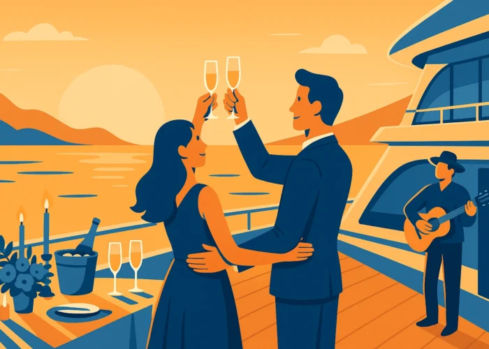 Casal brindando ao pôr do sol durante evento a bordo de um iate