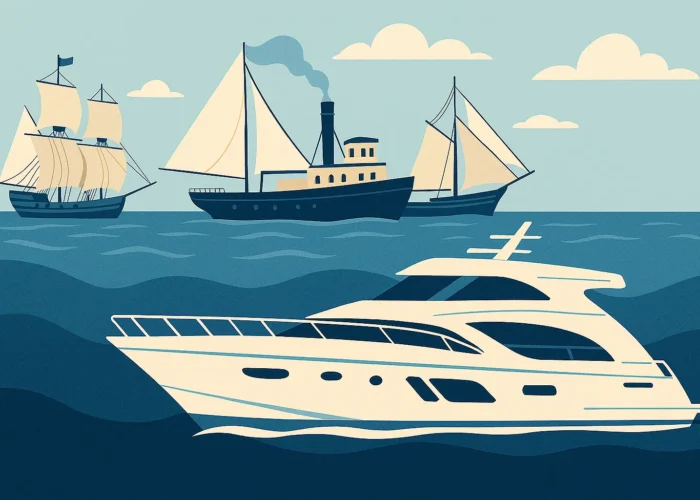 Ilustração de iates ao longo da história, sem pessoas, com embarcações antigas e um iate moderno.
