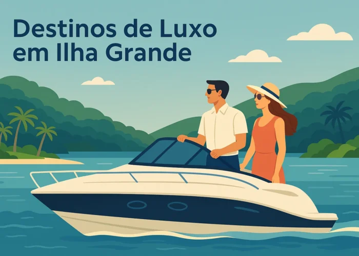 Casal navegando em lancha de luxo em Ilha Grande, com vegetação ao fundo