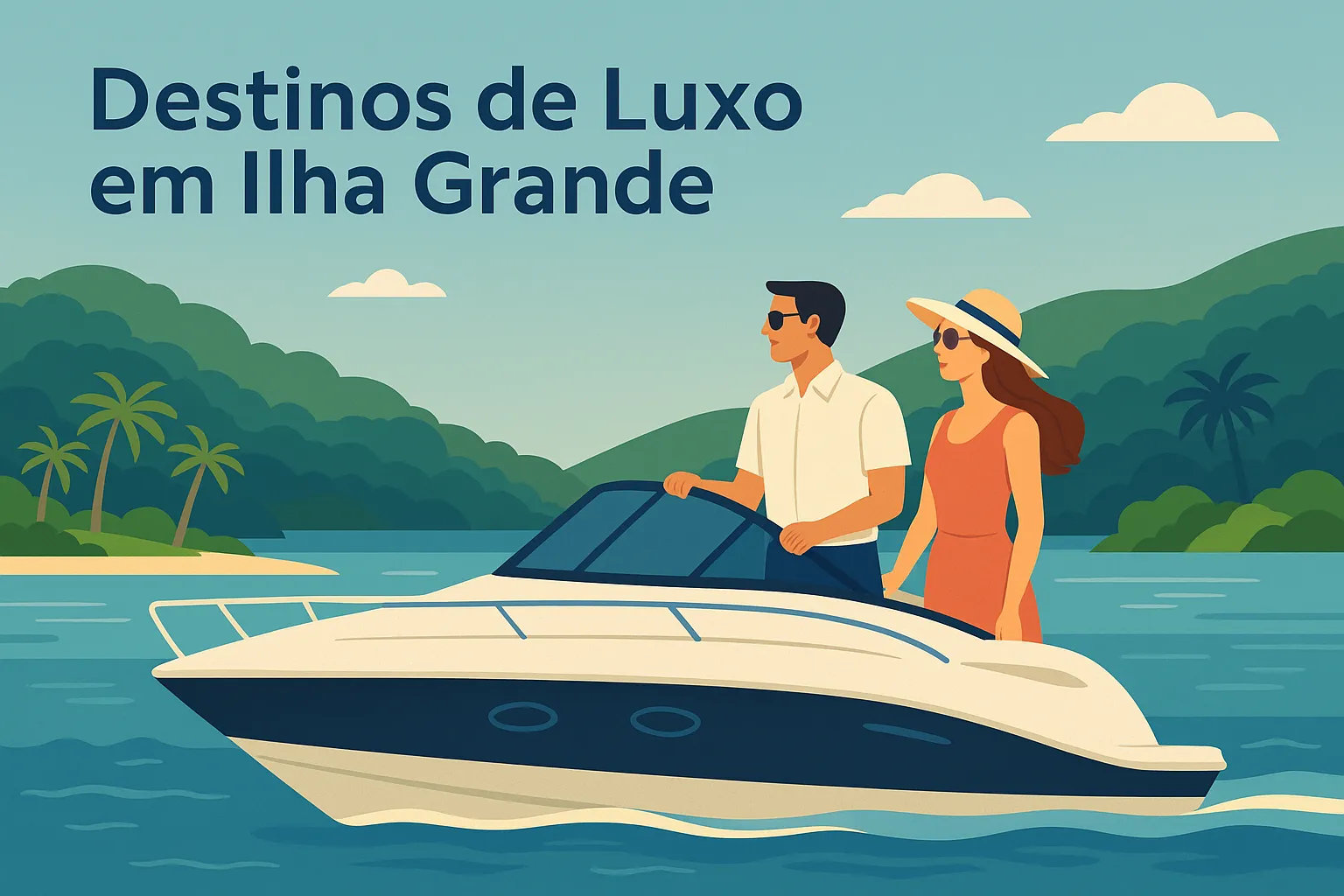 Casal navegando em lancha de luxo em Ilha Grande, com vegetação ao fundo
