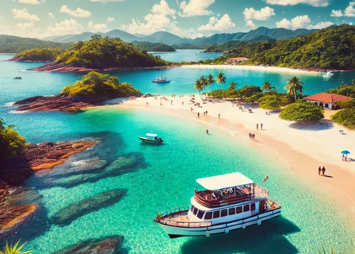 Vista tropical de uma área costeira no Brasil, com águas cristalinas, praias de areia branca e ilhas verdes ao fundo, e um barco ancorado próximo à costa.