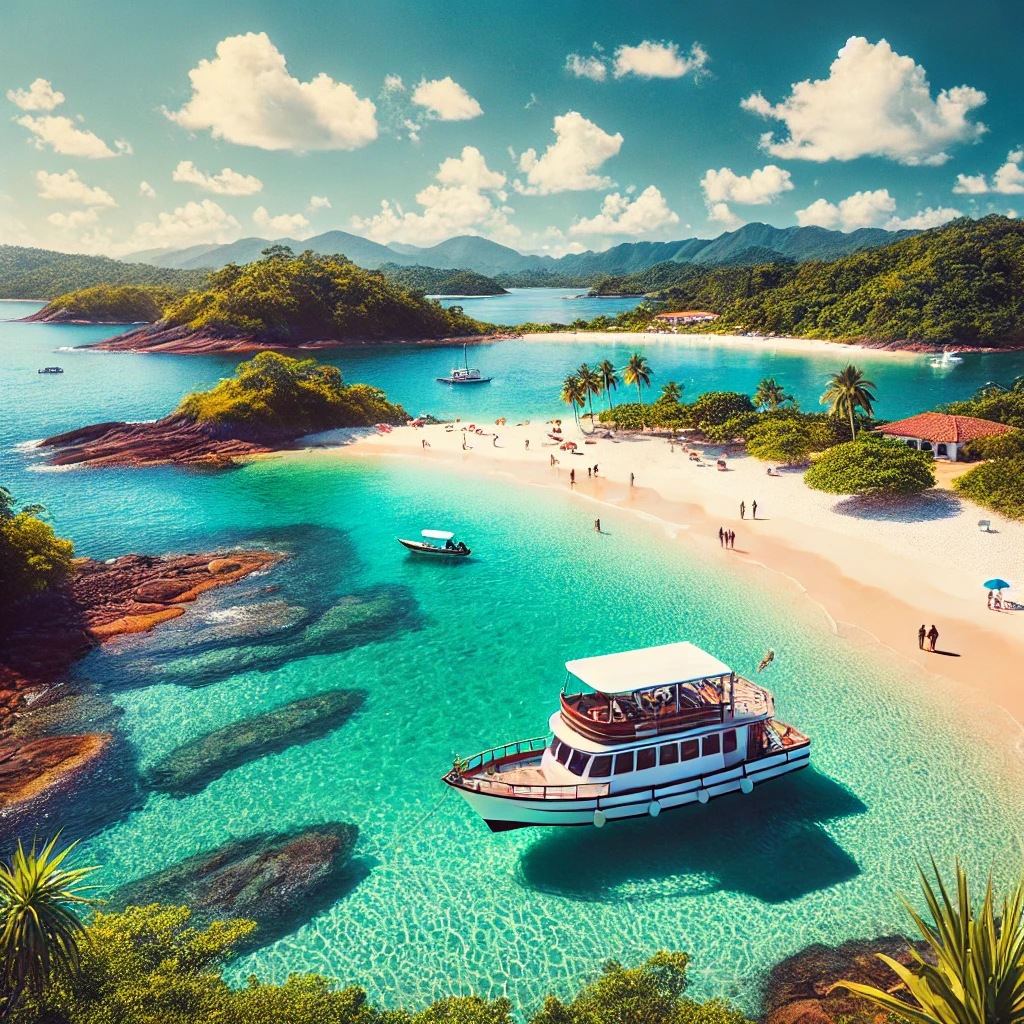 Vista tropical de uma área costeira no Brasil, com águas cristalinas, praias de areia branca e ilhas verdes ao fundo, e um barco ancorado próximo à costa.