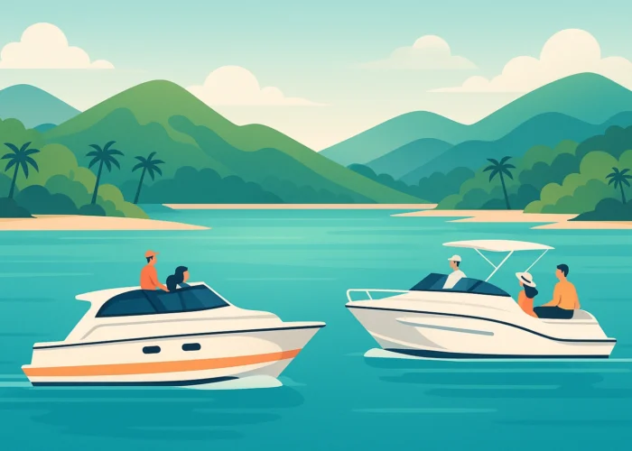 Ilustração de duas embarcações navegando em Ilha Grande com montanhas ao fundo