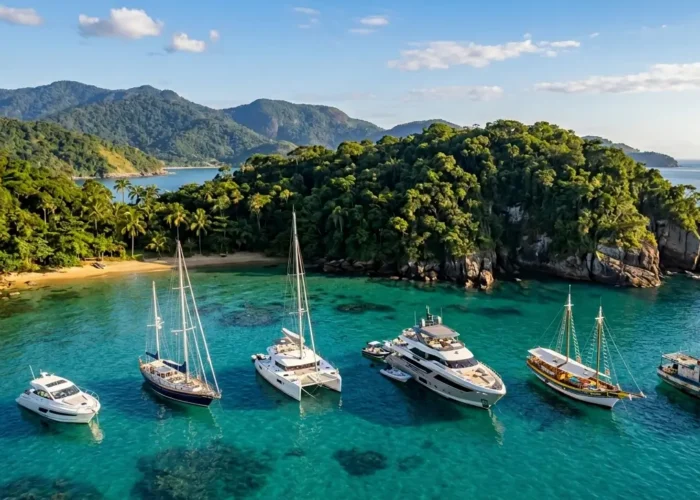 Vista aérea de seis tipos de barco para passeio — lancha, veleiro, catamarã, iate, escuna e traineira — ancorados em águas cristalinas no litoral brasileiro