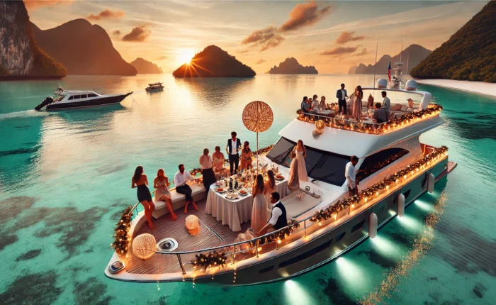 Barco luxuoso decorado com luzes e pessoas celebrando uma confraternização de fim de ano em águas cristalinas ao pôr do sol.