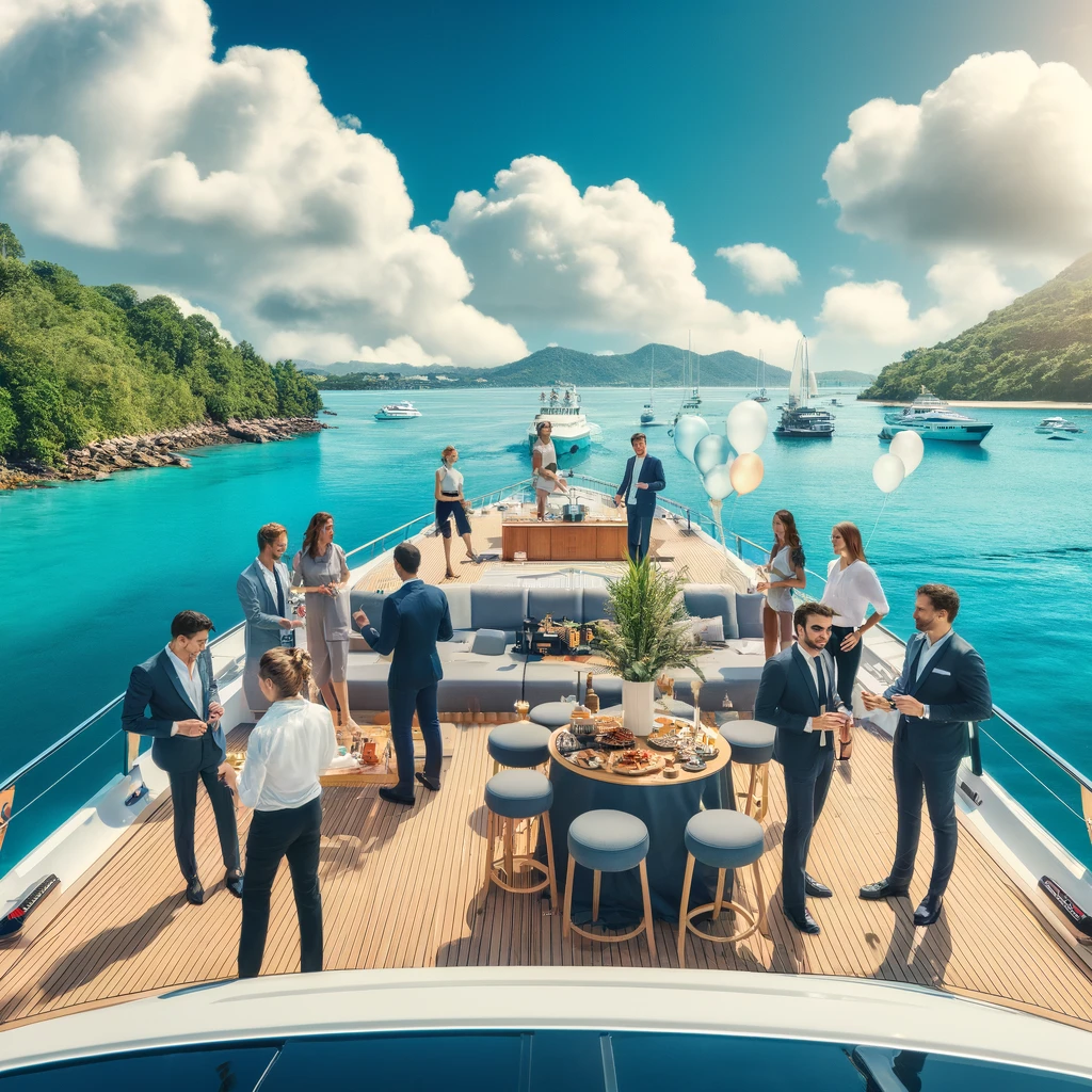 Funcionários celebrando uma confraternização corporativa em um barco, com vista para o mar azul e cenário tropical.