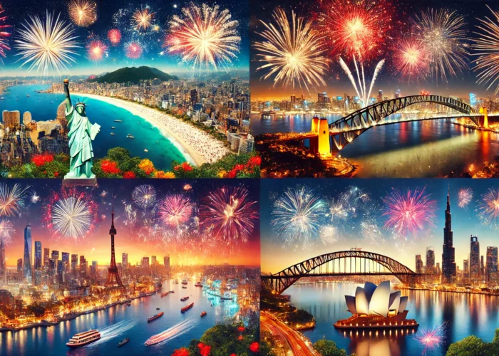 Imagem ilustrativa de celebrações de Réveillon ao redor do mundo, incluindo fogos de artifício no Rio de Janeiro, Sydney, Paris e Dubai.