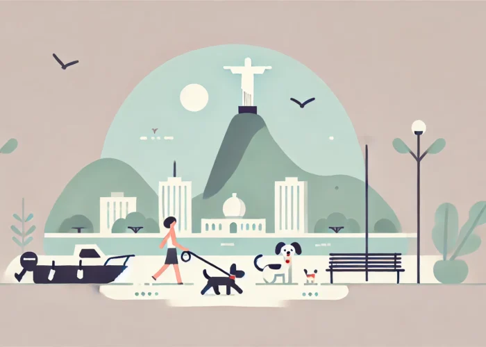 Ilustração minimalista de um cenário pet-friendly no Rio de Janeiro, com um cachorro e um gato em um barco, uma pessoa passeando com um cão no parque e o Cristo Redentor ao fundo.