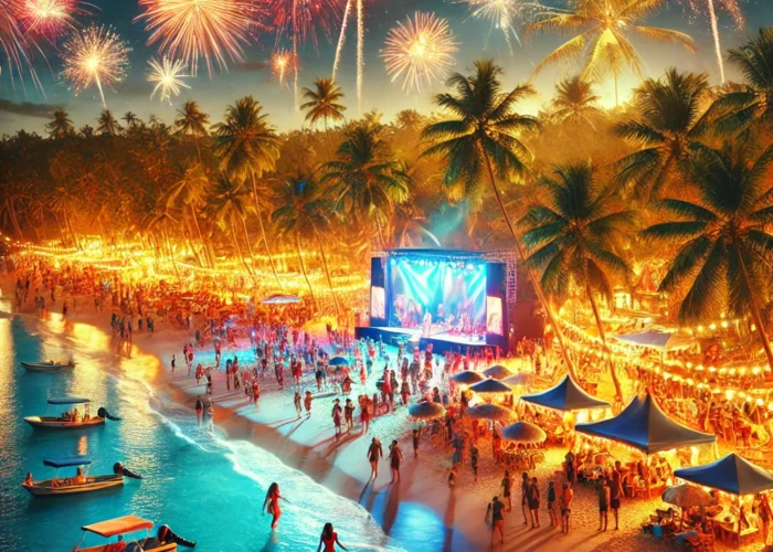 Cena de Réveillon em uma praia brasileira, com pessoas celebrando, queima de fogos no céu, palmeiras iluminadas e barcos no mar.