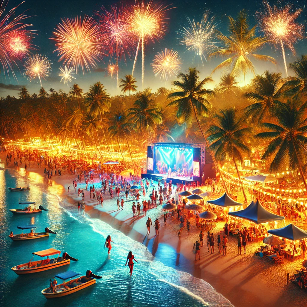 Cena de Réveillon em uma praia brasileira, com pessoas celebrando, queima de fogos no céu, palmeiras iluminadas e barcos no mar.